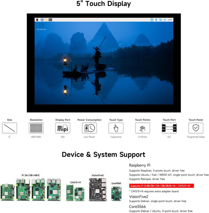 Waveshare 5inch Capacitive 5-Points Touch Display Compatible with Raspberry Pi, Support 800×480 Reso
