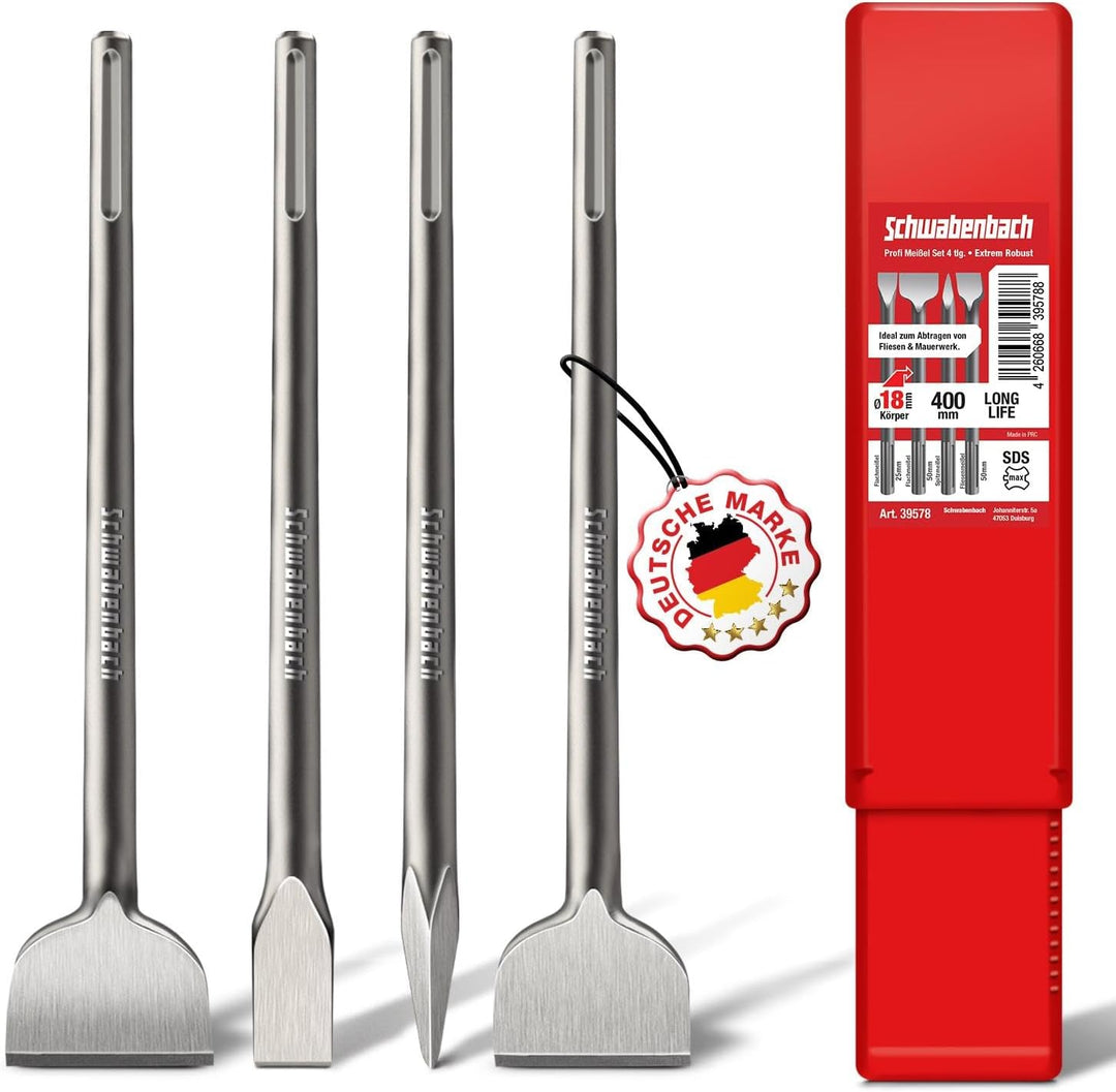 SCHWABENBACH ® SDS Max Meissel Set - 4tlg. 25mm + 50mm + 50mm (Abgewinkelt) + Spitzmeissel - EXTREM