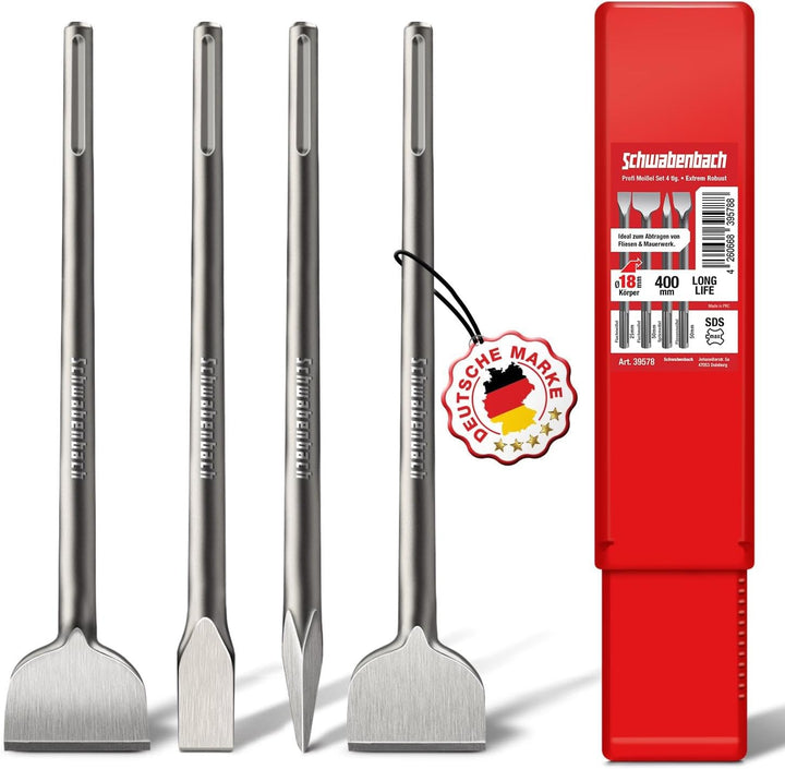 SCHWABENBACH ® SDS Max Meissel Set - 4tlg. 25mm + 50mm + 50mm (Abgewinkelt) + Spitzmeissel - EXTREM