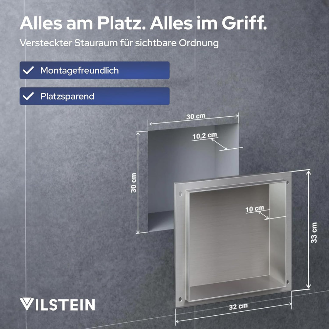 VILSTEIN Wandnische Dusche 30x30 cm [ROSTFREI] - Randlose Duschnische - Wandnische Silber - Einbaure