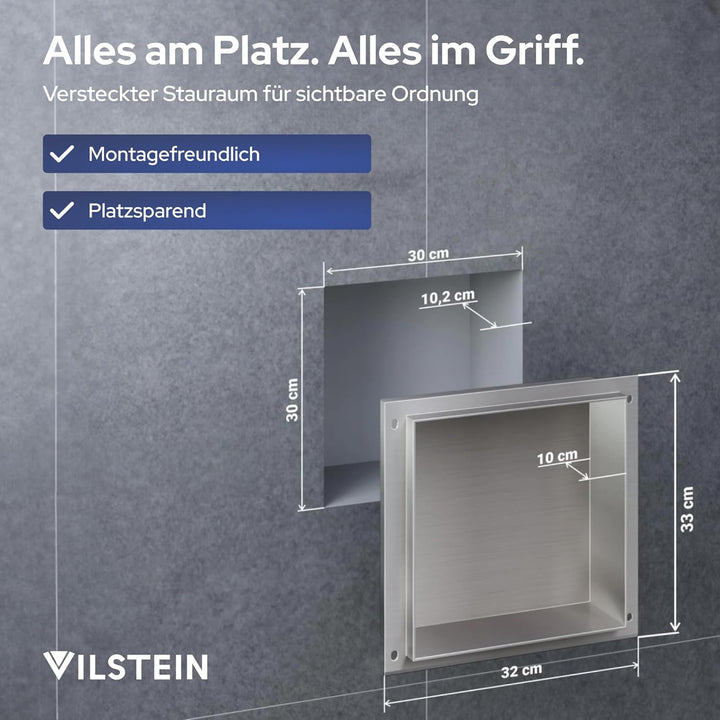 VILSTEIN Wandnische Dusche 30x30 cm [ROSTFREI] - Randlose Duschnische - Wandnische Silber - Einbaure