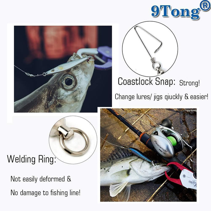 9Tong Kugellager Wirbel mit Coastlock Snap, Edelstahl geschweisster Ring für Angeln Salzwasser Stand
