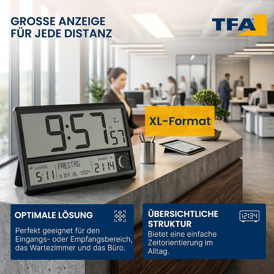 TFA Dostmann Digitale XL Funk Wanduhr, 60.4524.01, mit Sonnenauf- und -untergang, Weckalarm, grosse