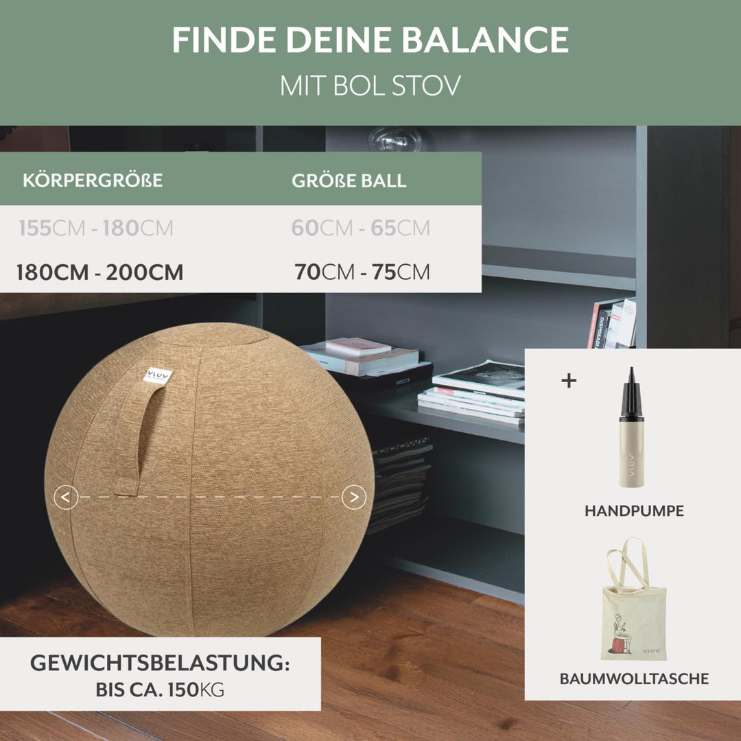 VLUV® BOL STOV Sitzball Büro Ergonomisch [Atmungsaktiv mit Tragegriff und Wegrollschutz] Waschbarer