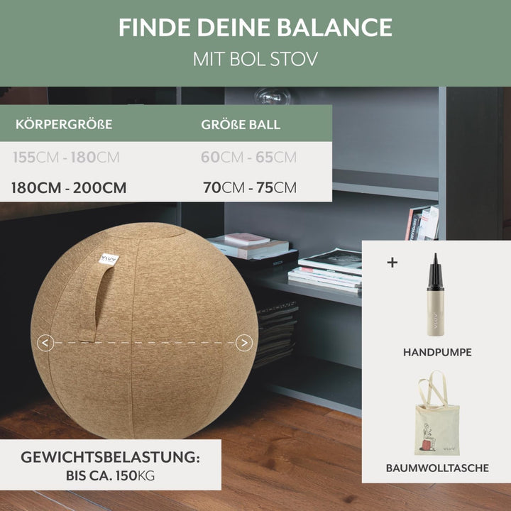 VLUV® BOL STOV Sitzball Büro Ergonomisch [Atmungsaktiv mit Tragegriff und Wegrollschutz] Waschbarer
