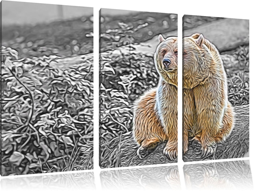 niedlicher Grizzly auf Stein schwarz/weiss Deluxe 3-Teiler Leinwandbild 120x80 Bild auf Leinwand, XX