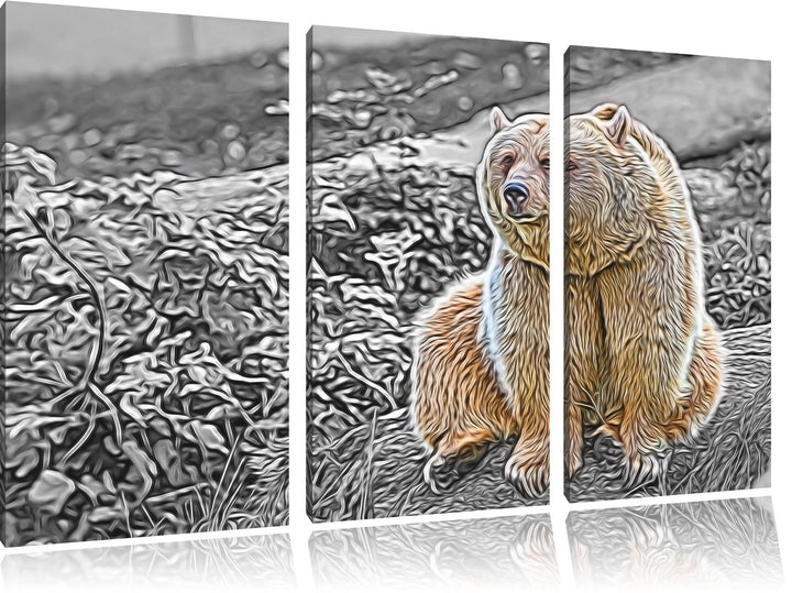 niedlicher Grizzly auf Stein schwarz/weiss Deluxe 3-Teiler Leinwandbild 120x80 Bild auf Leinwand, XX