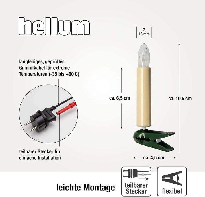 hellum Lichterkette Made-in-Germany Weihnachtsbaum, Kerzen Lichterkette innen mit Clip, 15 BS warm-w