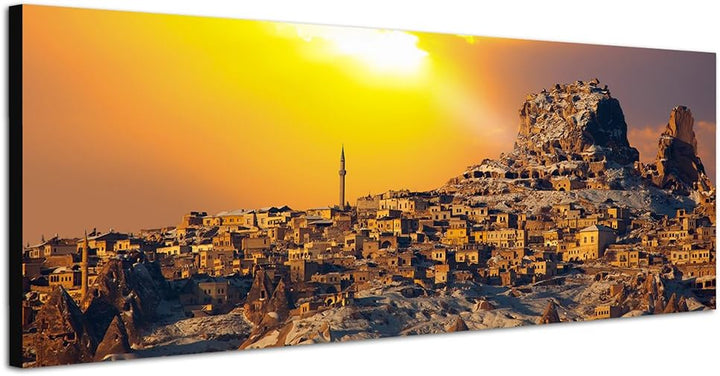 Paul Sinus Art Panoramabild auf Leinwand und Keilrahmen 150x50cm Kappadokien Stadt Häuser Sonnenunte