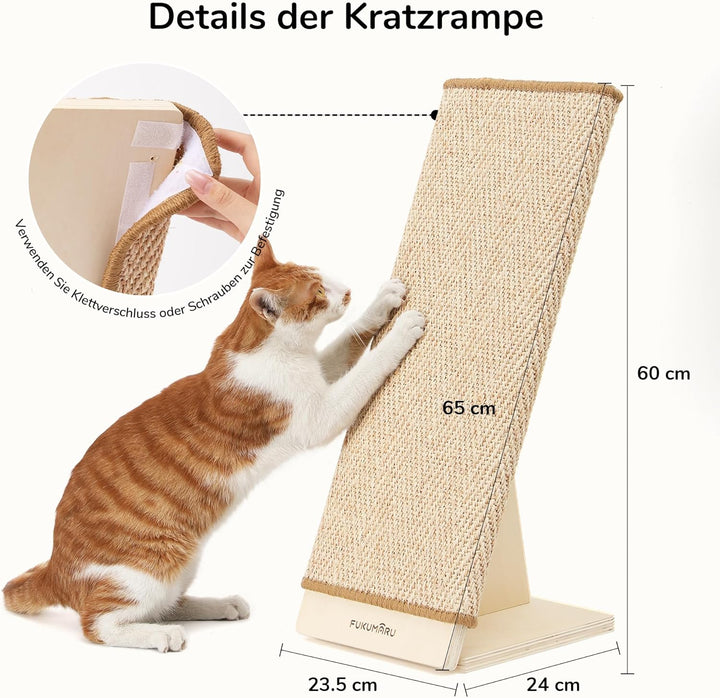 FUKUMARU Kratzbrett Katzen, 65 cm Natürliche Sisal-Kratzsäule mit Rampe, Austauschbare Kratzmatte, R
