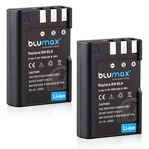 2X Blumax Akku kompatibel mit Nikon EN-EL9e/EN-EL9a 1100mAh - passend für Nikon D3000 D5000 D40 D40x