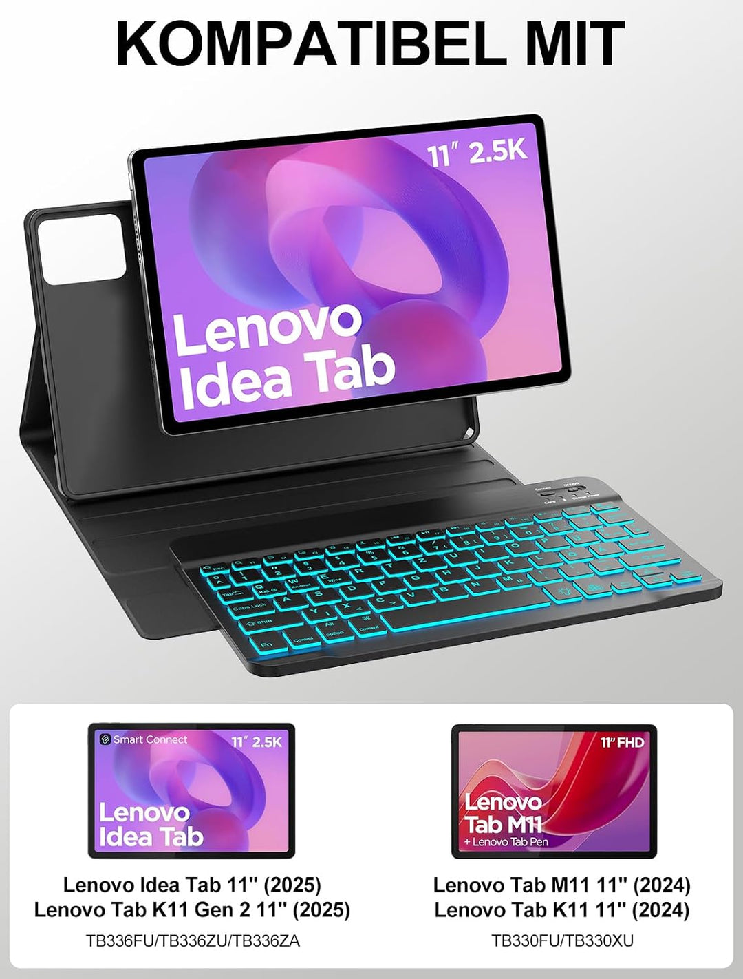 JADEMALL Hülle mit 7-Farben Beleuchtungstastatur für Lenovo Idea Tab 11" (2025) & Tab M11 (2024) TB3