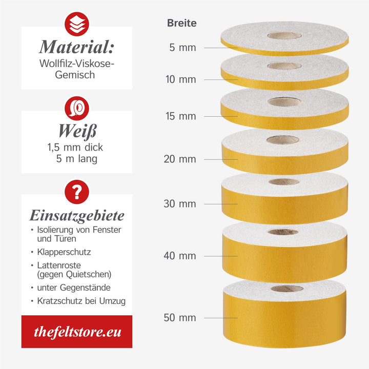 The Felt Store Filzband selbstklebend 40 mm breit, 1,5 mm dick, 5 m lang, weiss, vielseitiger Filzst