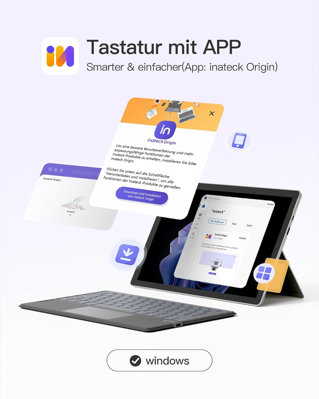 Inateck Bluethooth Tastatur mit Touchpad,Tablet Tastatur Ultra-Slim, mit 3 Bluetooth Kanälen für Win