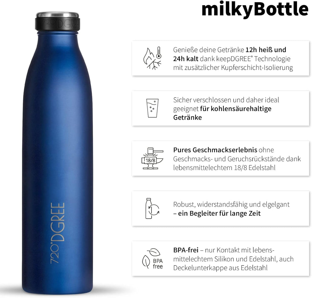 720°DGREE Edelstahl Trinkflasche “milkyBottle” - 1L - BPA-Frei, Auslaufsicher, Kohlensäure geeignet