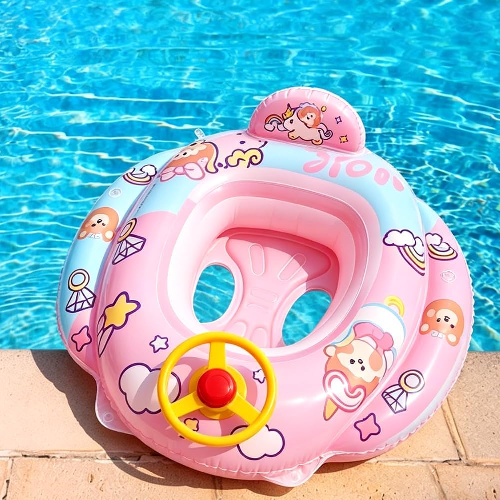 Baby Schwimmring Einhorn, Baby Schwimmhilfen, mit Lenkrad und Sitz, Einhorn Aufblasbarer Schwimmring