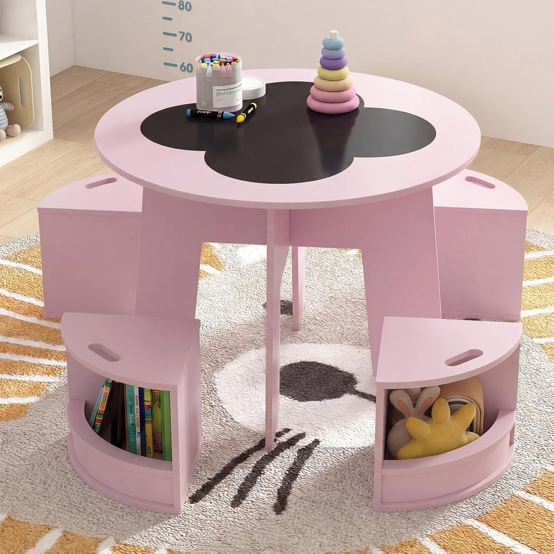 FANTASK 5-TLG. Kindertisch Stuhl Set Rund, Holztisch mit 4 Stauraumhockern, Maltisch für Kinderzimme