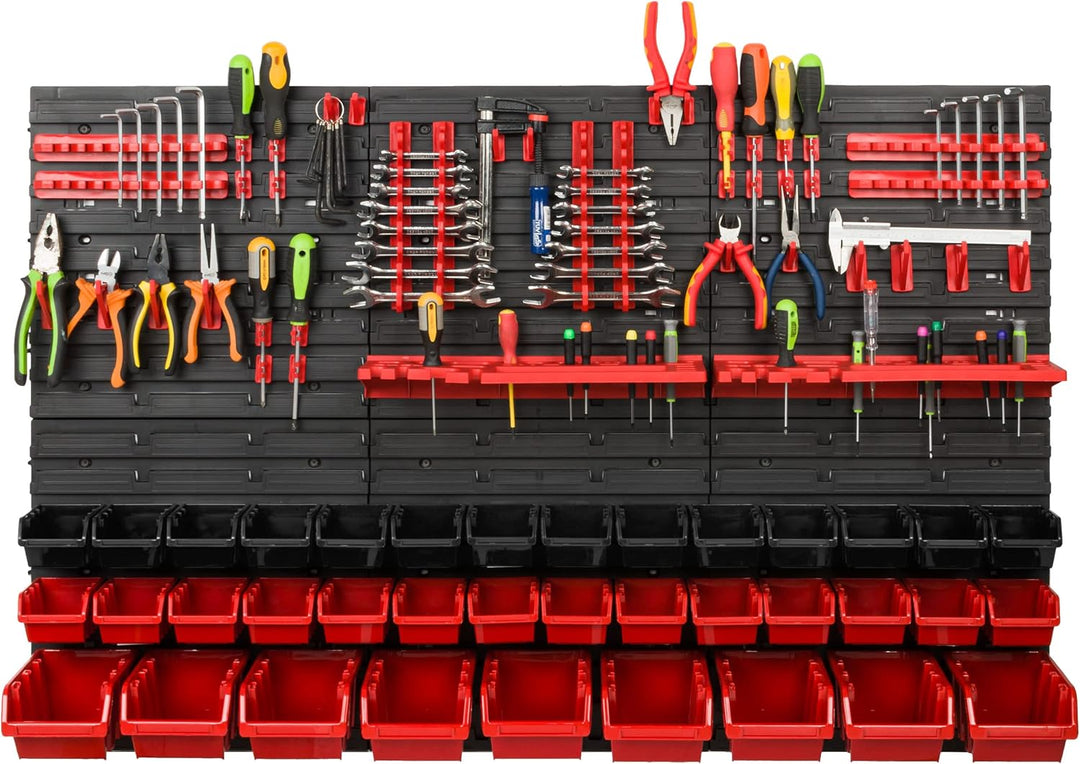 Lagersystem Werkstattregal | 117 x 78 cm | 37 stck. Box | Wandregal mit Werkzeughalterungen und Stap