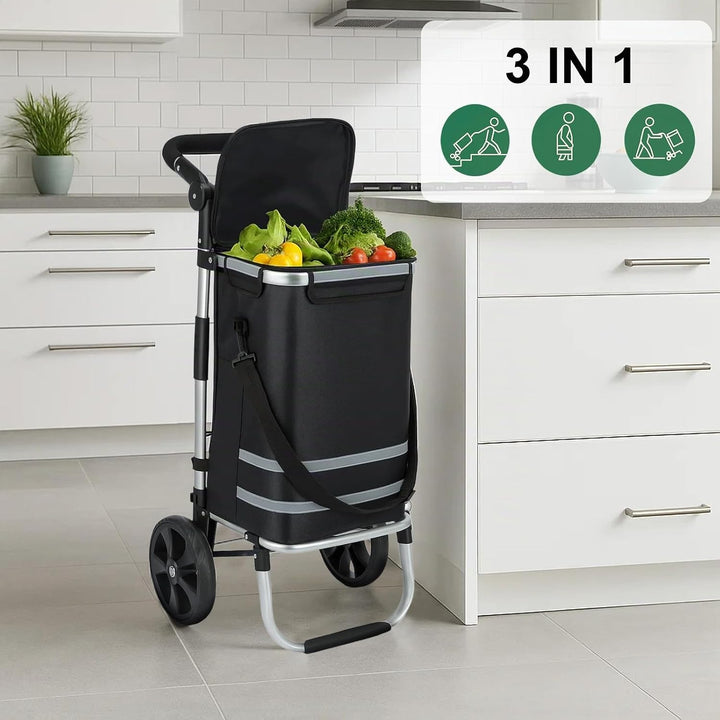 Einkaufstrolley 64 L, klappbarer Einkaufswagen mit Aluminiumrahmen, bis 60 kg Tragkraft, grosse Roll