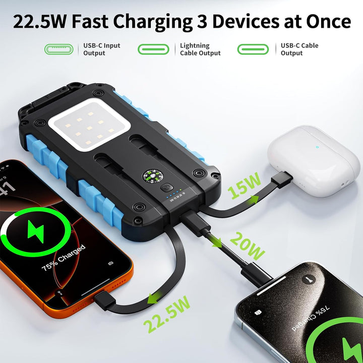 Solar Powerbank 10000mAh 22.5W PD für Smartphones, Tablets und mehr | 2 Integrierte Ausgangskabel US