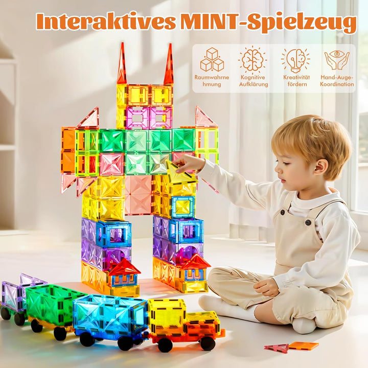 100 Magnetische Bausteine mit 1 Auto, STEM-Bauspielzeug, Kinderspiel Zusammenbauen, Lernspielzeug ge