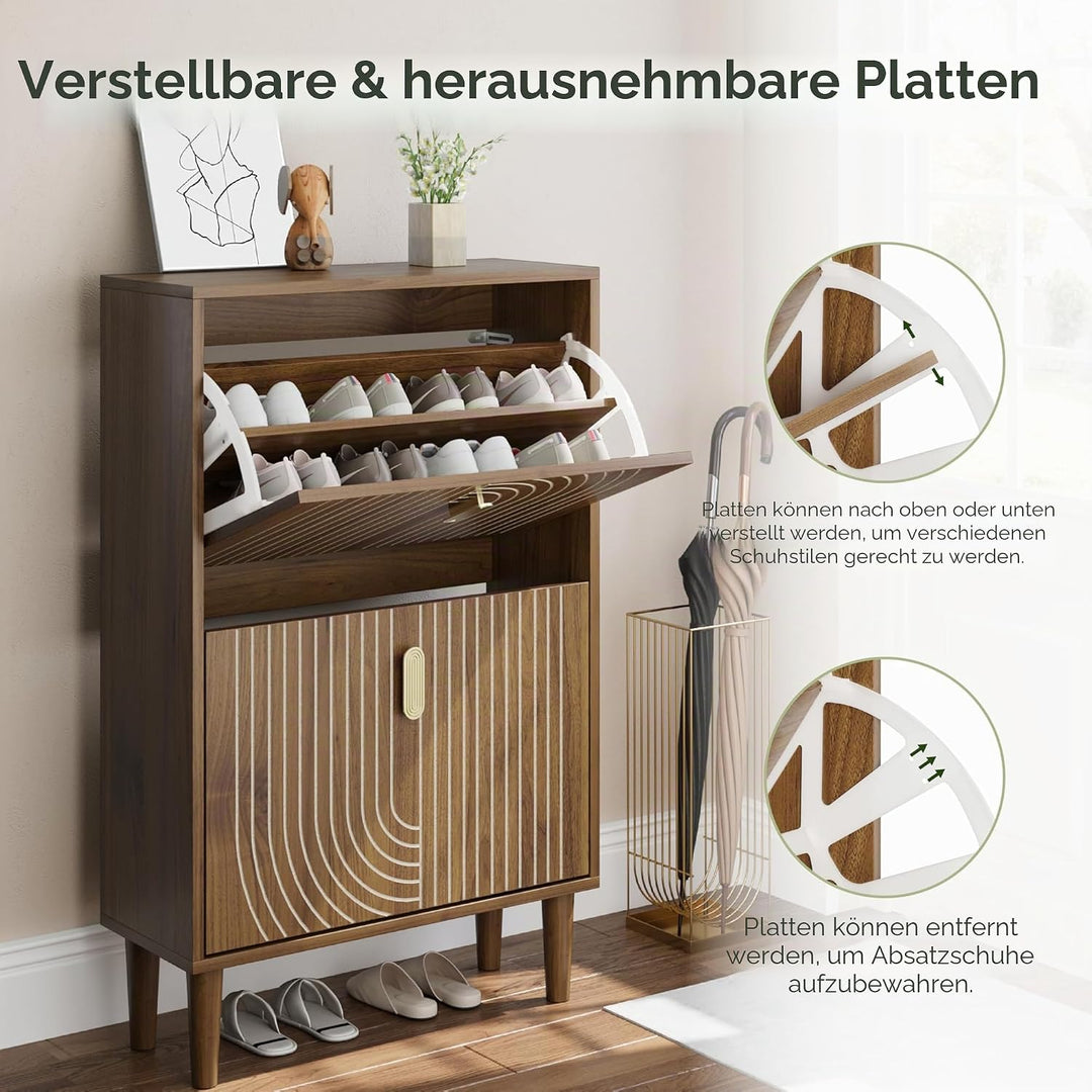 Smuxee Schuhschrank mit 2 Klappfächern, 60 cm Nussbaum Optik Schuhschrank mit Rillendesign, freisteh