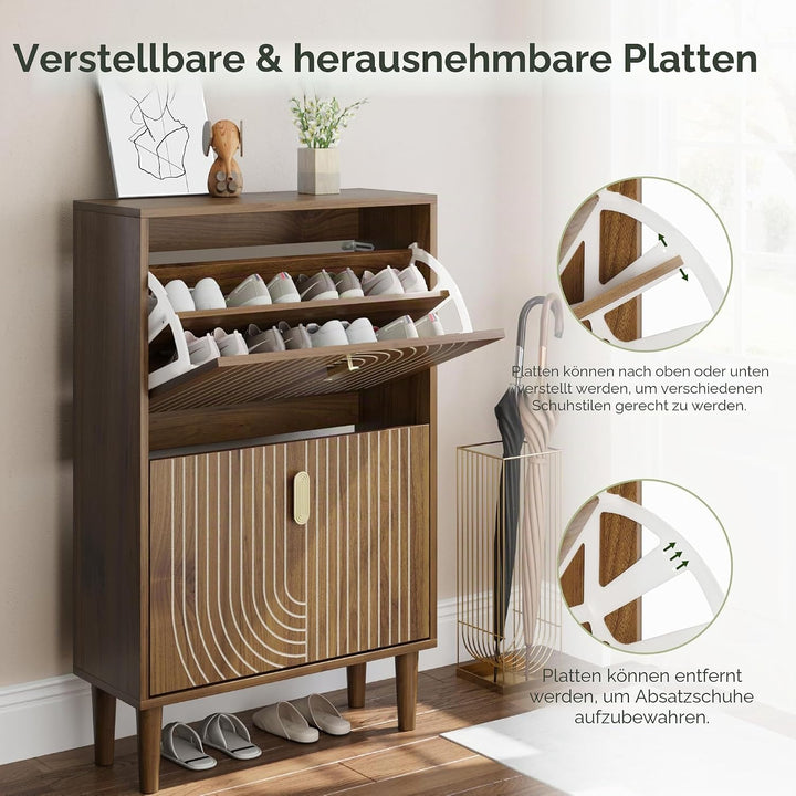 Smuxee Schuhschrank mit 2 Klappfächern, 60 cm Nussbaum Optik Schuhschrank mit Rillendesign, freisteh