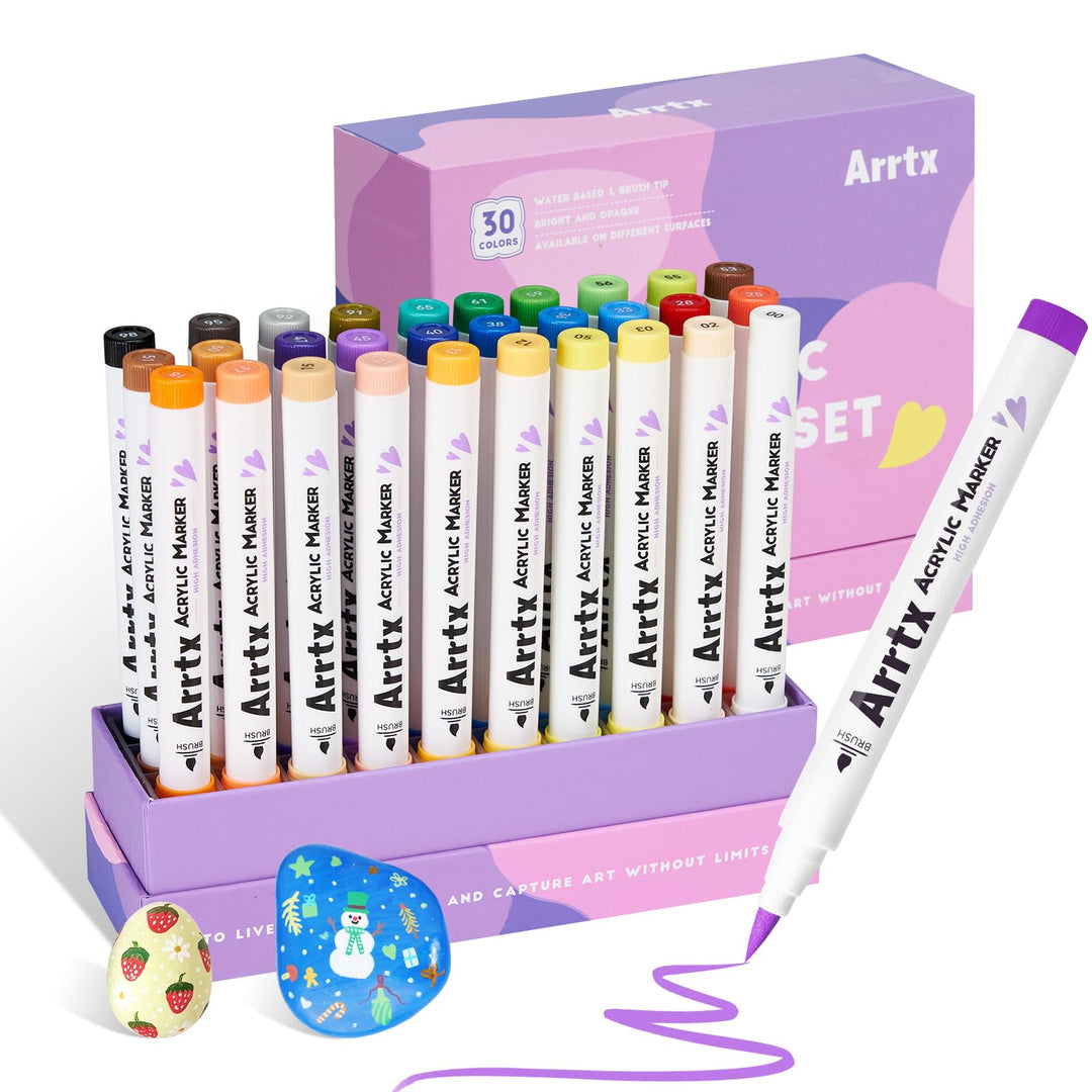 Arrtx Acrylstifte für Steine Bemalen, 30 Farben Wasserfeste Acrylstifte Marker Pinselspitze, Schnell