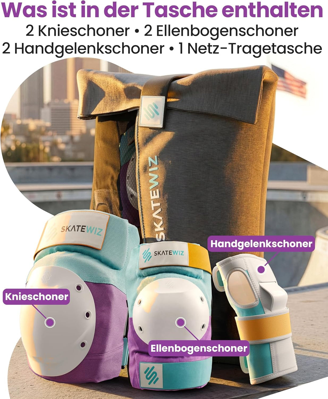 SKATEWIZ Inliner Schoner Erwachsene &amp; Jugendliche mit Neopren-Sleeves - Protektoren Inliner Erwachse