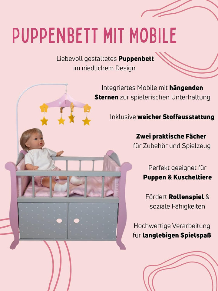 Bayer Chic 2000 - Puppenbett mit Mobile, Puppenmöbel, Puppenzubehör, Puntos grau
