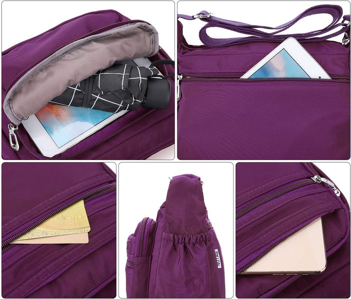 NOTAG Damen Umhängetasche, Wasserdicht Nylon Schultertasche Multi-Tasche Messenger Bag 2 Size (Lila,