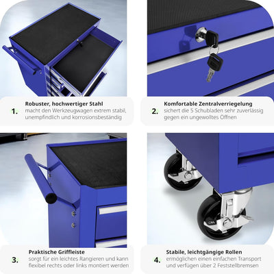 tectake® Werkzeug Wagen mit 5 Schubladen, Werkstattwagen, Tool Werkzeugwagen fahrbar, Werkzeugtrolle