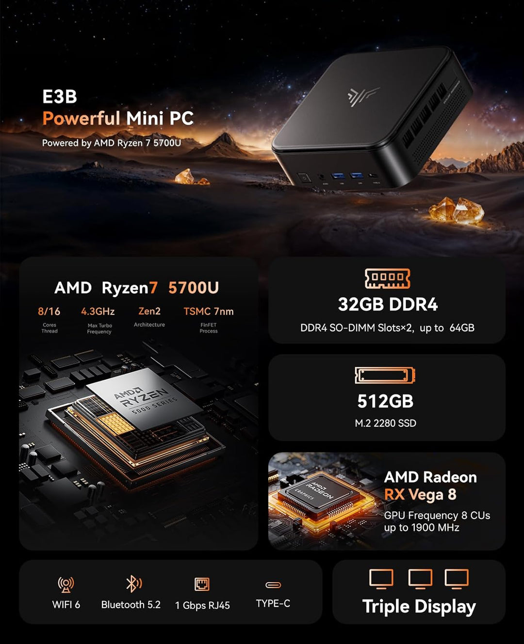 NiPoGi AM02PRO Mini PC AMD Ryzen 7 5700U 16GB Dual DDR4 512GB SSD Micro Desktop Computer mit Radeon