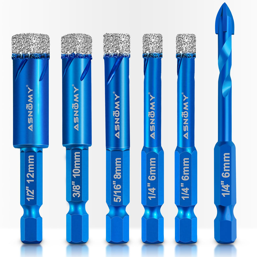 ASNOMY 6-tlg. Diamantbohrer Fliesenbohrer Glasbohrer Set [6, 6, 8, 10, 12mm] mit 6mm Karbid-Anbohrer