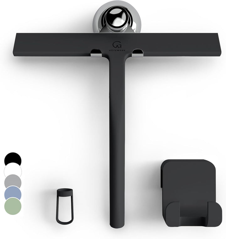 GÜTEWERK Duschabzieher Set mit Halter - schwarz 23 cm breit - ohne Bohren Silikon Abzieher Dusche Ba