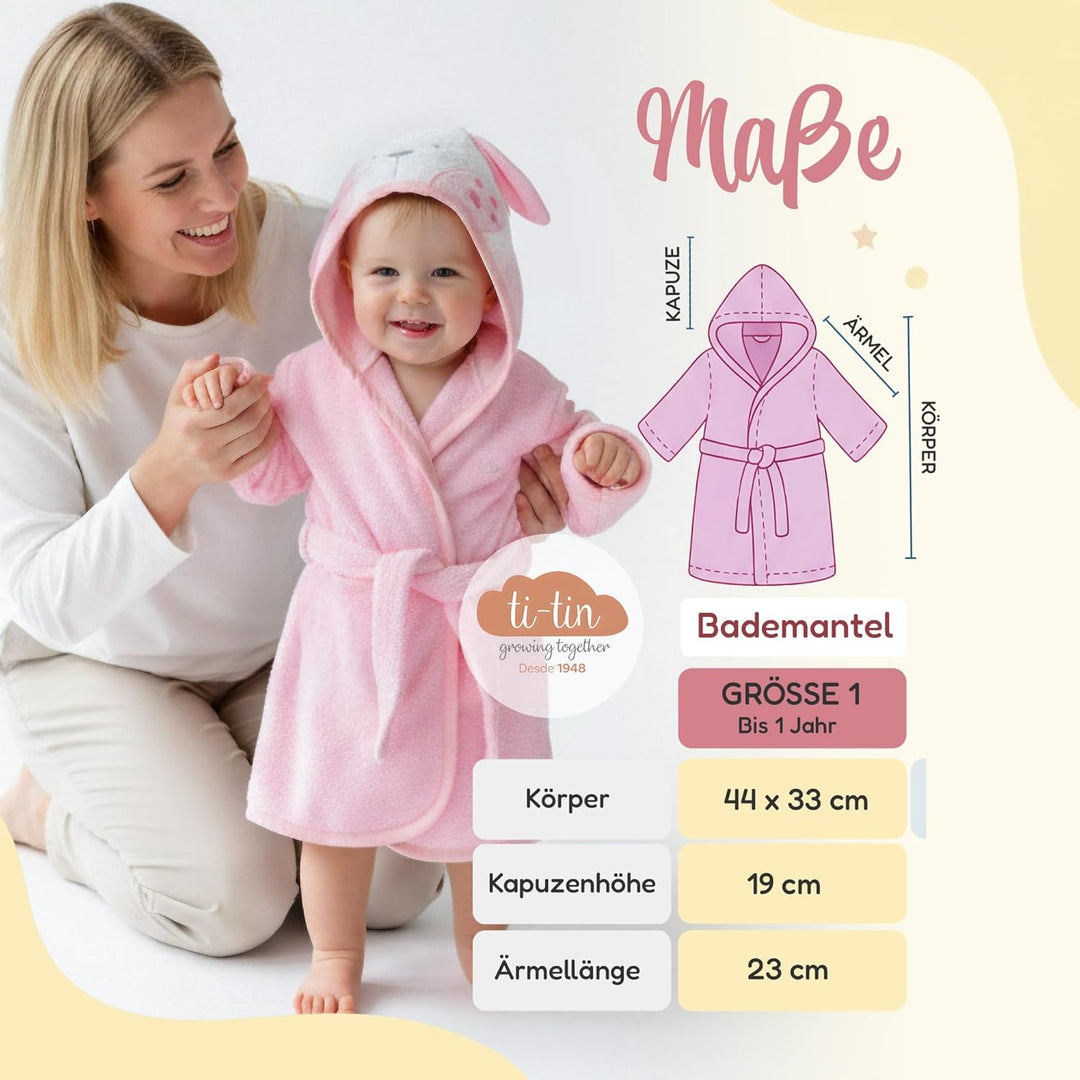 Ti TIN Kinder‑Bademantel mit Kapuze und Hasenohren – 100% Baumwolle, weich & saugfähi, Grösse 6–12 M