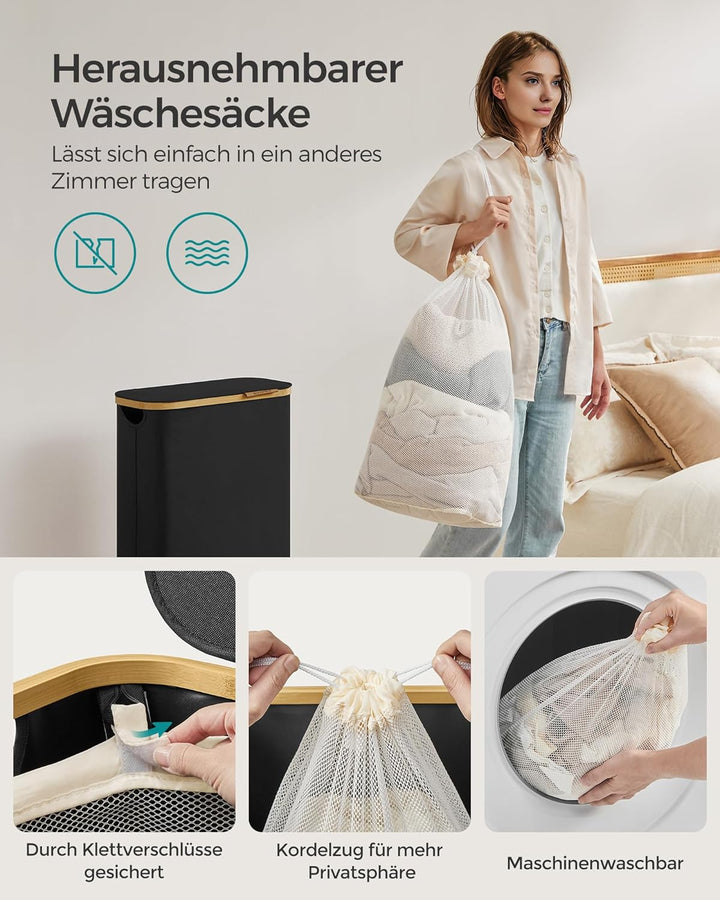 SONGMICS Wäschekorb mit Deckel, Wäschesammler 65 L, platzsparend, herausnehmbarer Wäschesack, Oxford