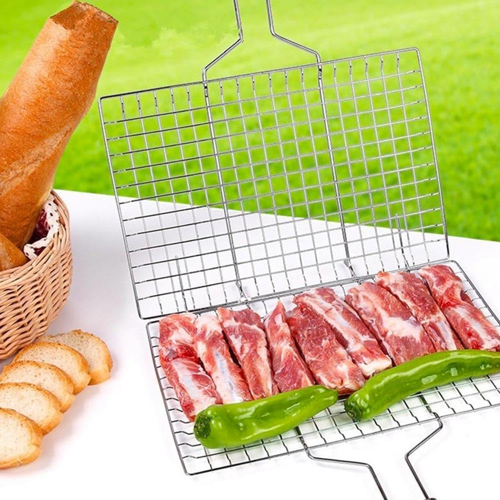 Doppelter Grillrost, rechteckig, 34 x 22 cm, aus verchromtem Stahl, mit Holzgriff – perfekt für meis