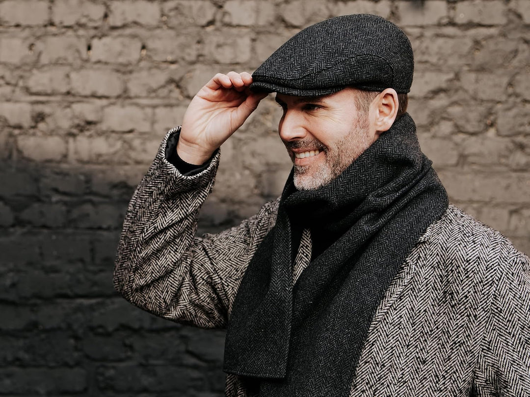 Breiter Herren Winter Schiebermütze mit Ohrenklappen Flatcap Schirmmütze 100% Wolle mit ausklappbare