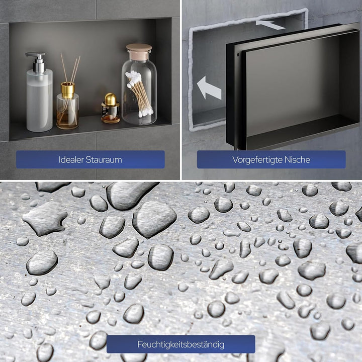 VILSTEIN Wandnische Dusche 30x90 cm - ROSTFREI - Randlose Duschnische - Schwarz - Einbauregal für Du