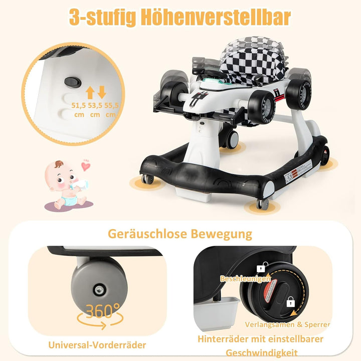 DREAMADE Lauflernhilfe, 4 in 1 Autoförmiger Lauflernwagen mit einstellbarer Geschwindigkeit, Musik &
