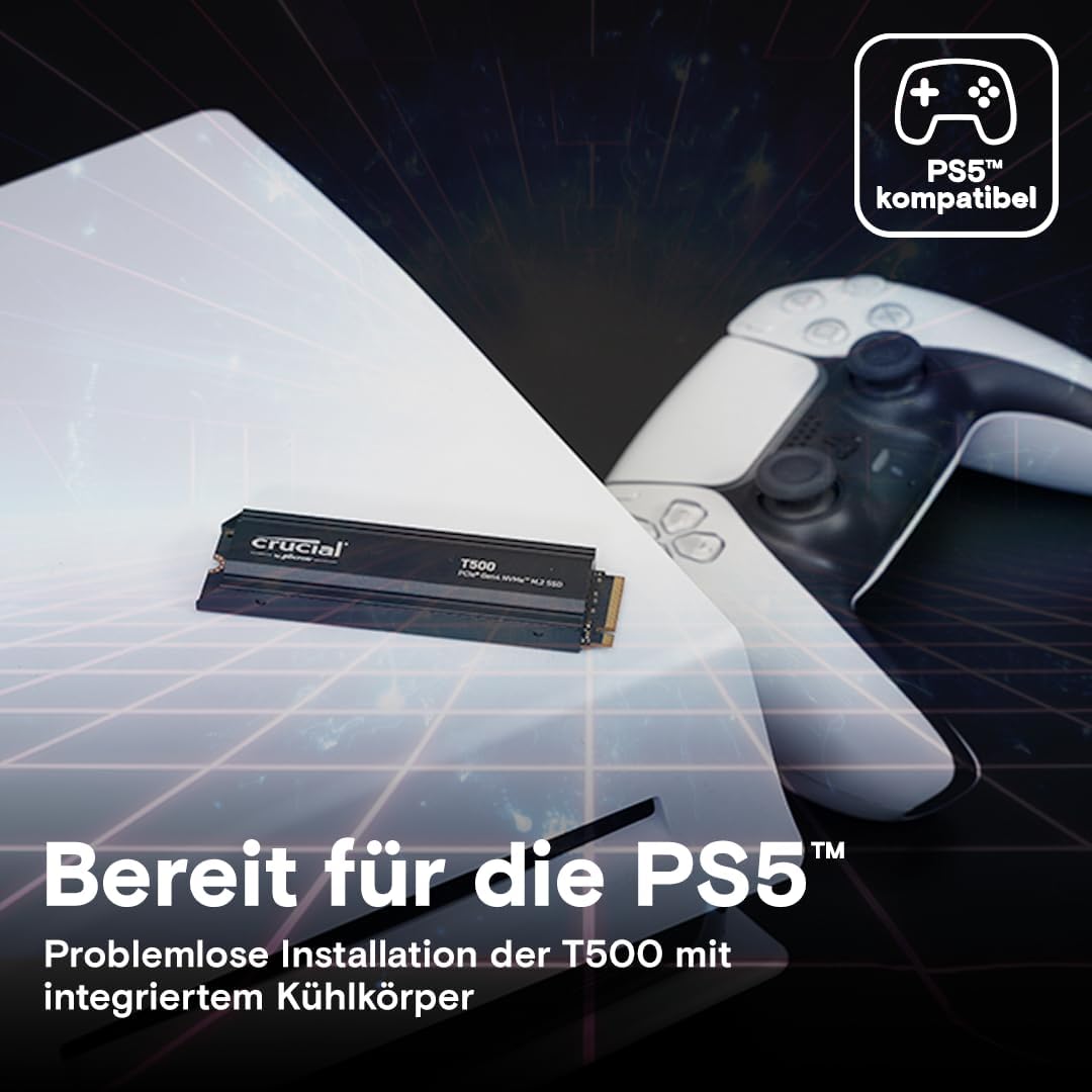Crucial T500 SSD 1TB PCIe Gen4 NVMe M.2 Interne PS5 SSD Festplatte mit Kühlkörper, bis 7300MB/s, Lap