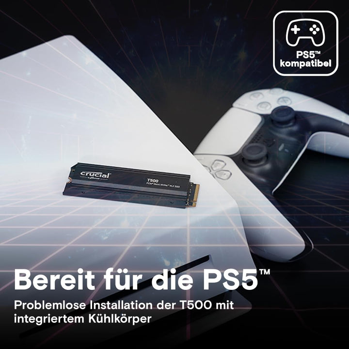 Crucial T500 SSD 1TB PCIe Gen4 NVMe M.2 Interne PS5 SSD Festplatte mit Kühlkörper, bis 7300MB/s, Lap