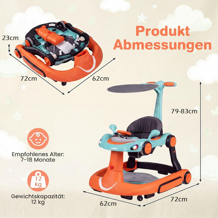 COSTWAY 7 in 1 Lauflernhilfe mit Verdeck, Lauflerwagen mit einstellbarer Höhe & Geschwindigkeit, Bab