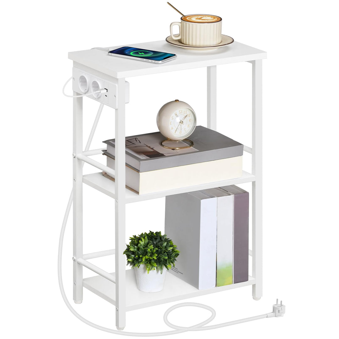 Beistelltisch Schmal, 3 Ablagen Nachttisch, Couchtisch mit Ladestation, Sofatisch, Wohnzimmertisch m