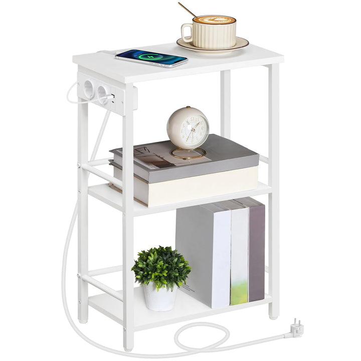 Beistelltisch Schmal, 3 Ablagen Nachttisch, Couchtisch mit Ladestation, Sofatisch, Wohnzimmertisch m