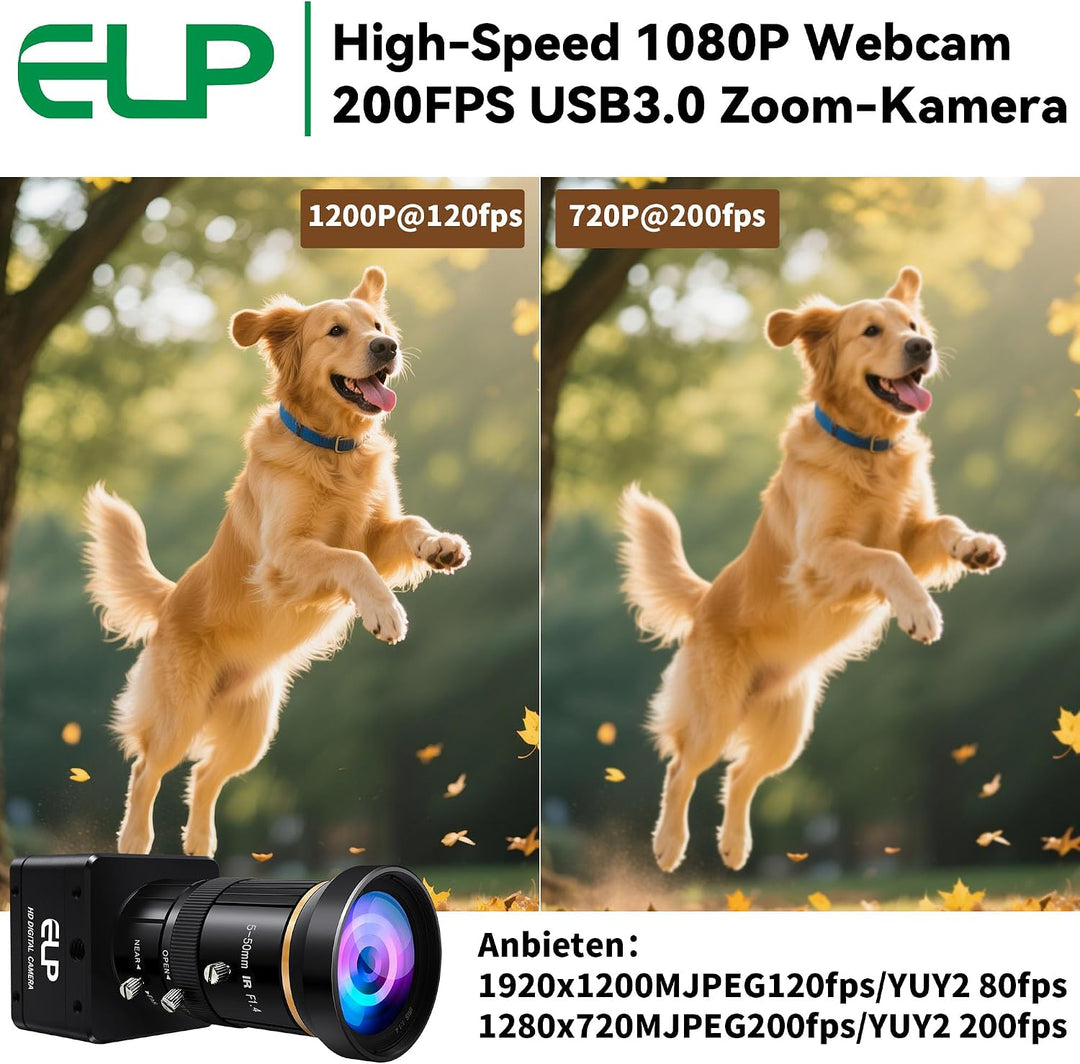 G ELP Hochgeschwindigkeit Global Shutter USB3.0 Manuelle Zoom Kamera, 720P/200fps, 1200P/120fps, USB