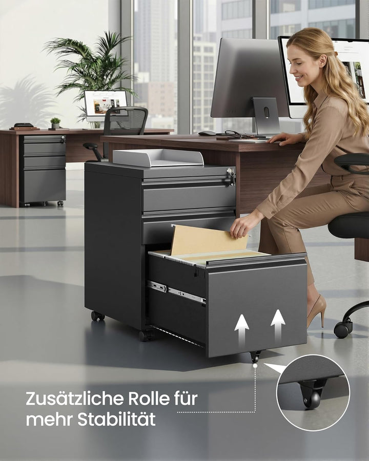 SONGMICS Aktenschrank mit 3 Schubladen, Rollcontainer, Metallschrank, Stahl, abschliessbar, Druckers