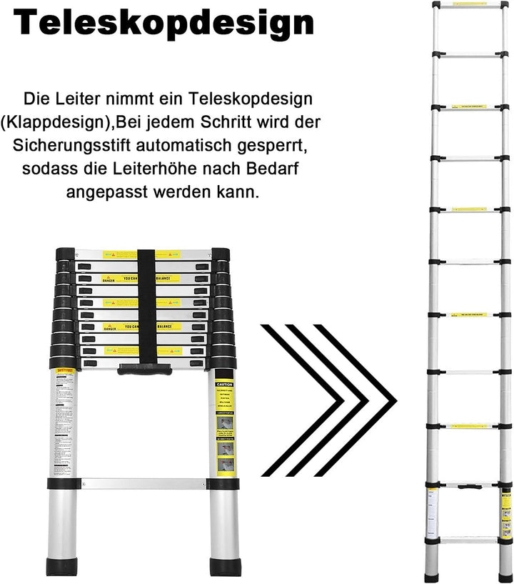 Eulenke 3,8M Teleskopleiter - Rutschfester Multifunktionsleiter 150 kg Belastbarkeit - Aluleiter Hau
