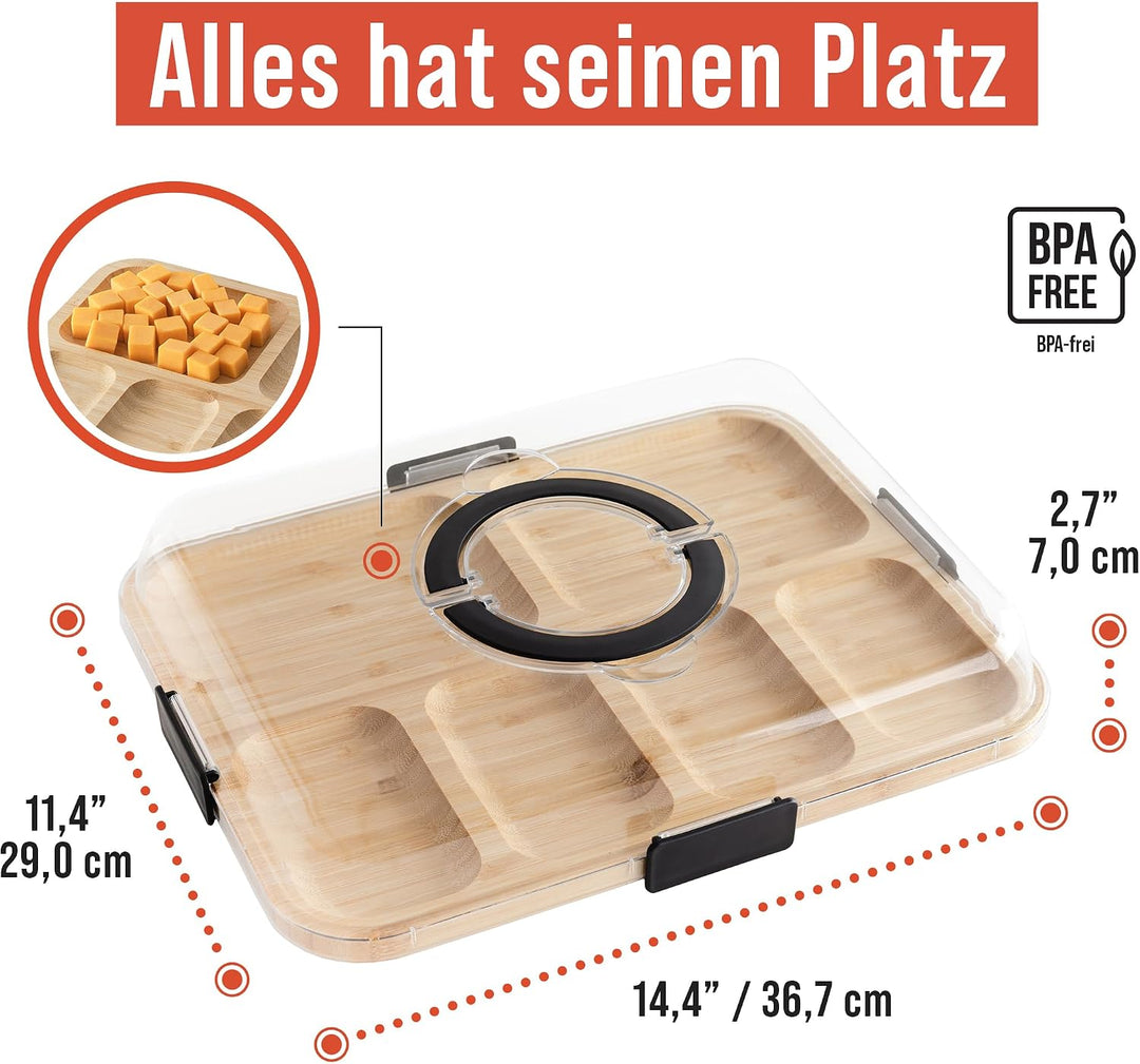 Chef Pomodoro Käsebrett mit Deckel, 36,7 cm, Rechteckig | Tragbar, mit 6 Fächern, Ideal für Käse und